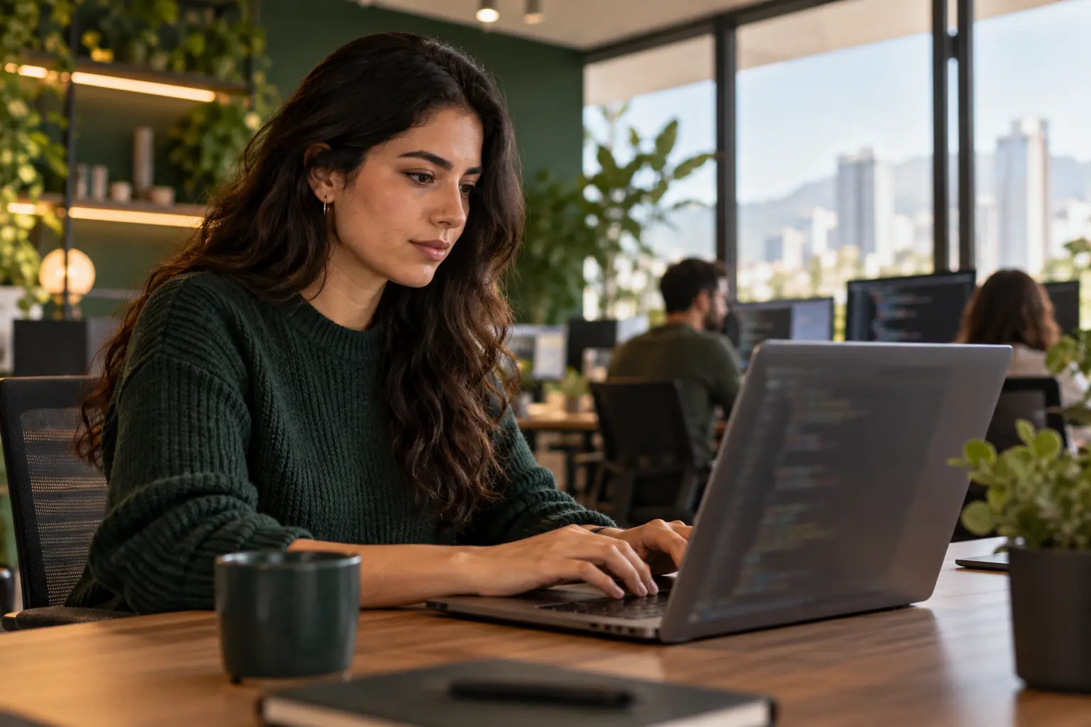 Desarrolladora de software programando en una oficina